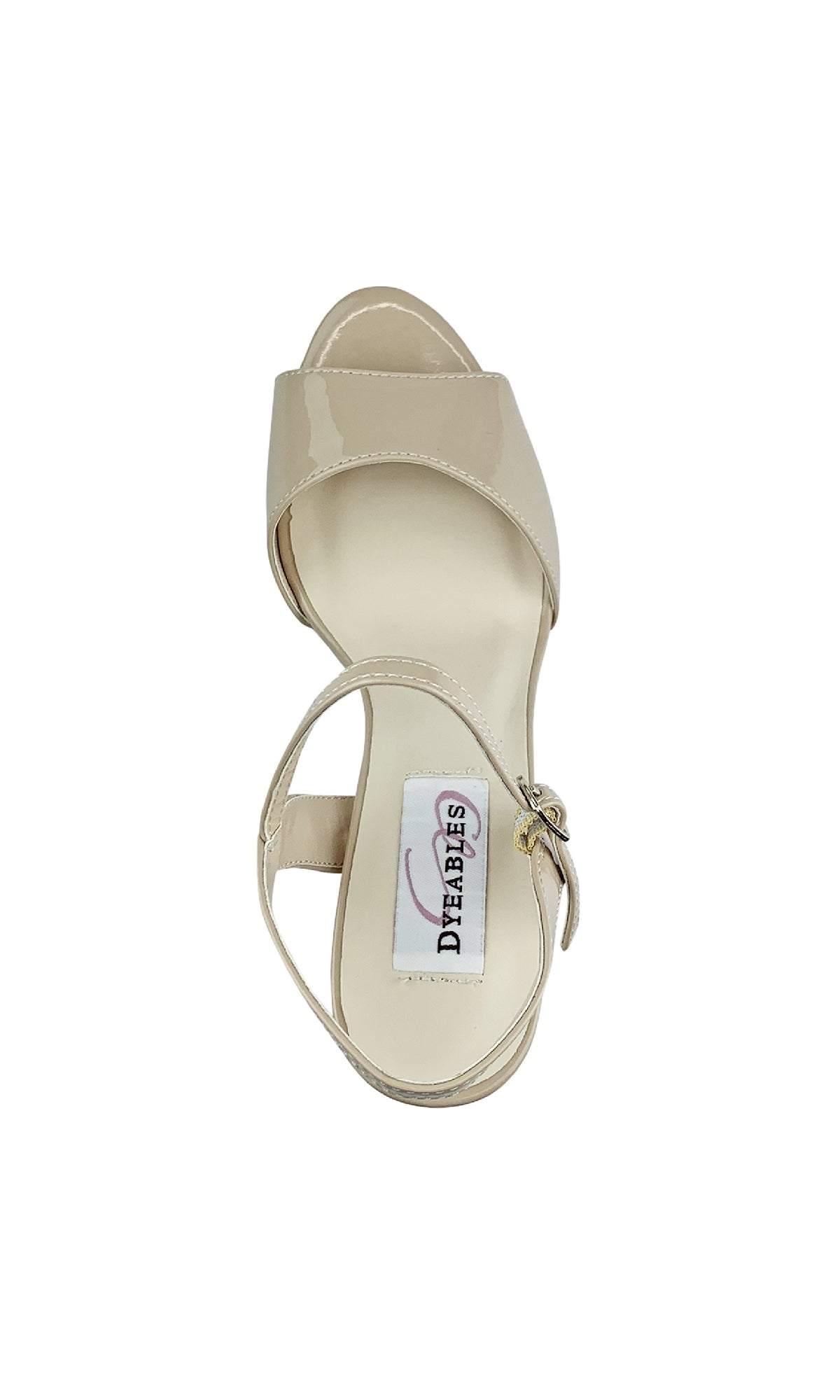 The Whitta Open-Toe Nude Prom Shoes (Dyeables 55817) feature a beige block heel, ankle strap with buckle, and open toe. Seen from above, the insole is branded “DEARBES.”.
